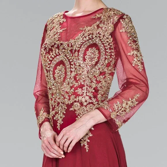 NEW LONG CHIFFON TRUMPET EMBROIDERED DRESS WITH 3\4 SLEEVES & ZIPPER BACK GL1368